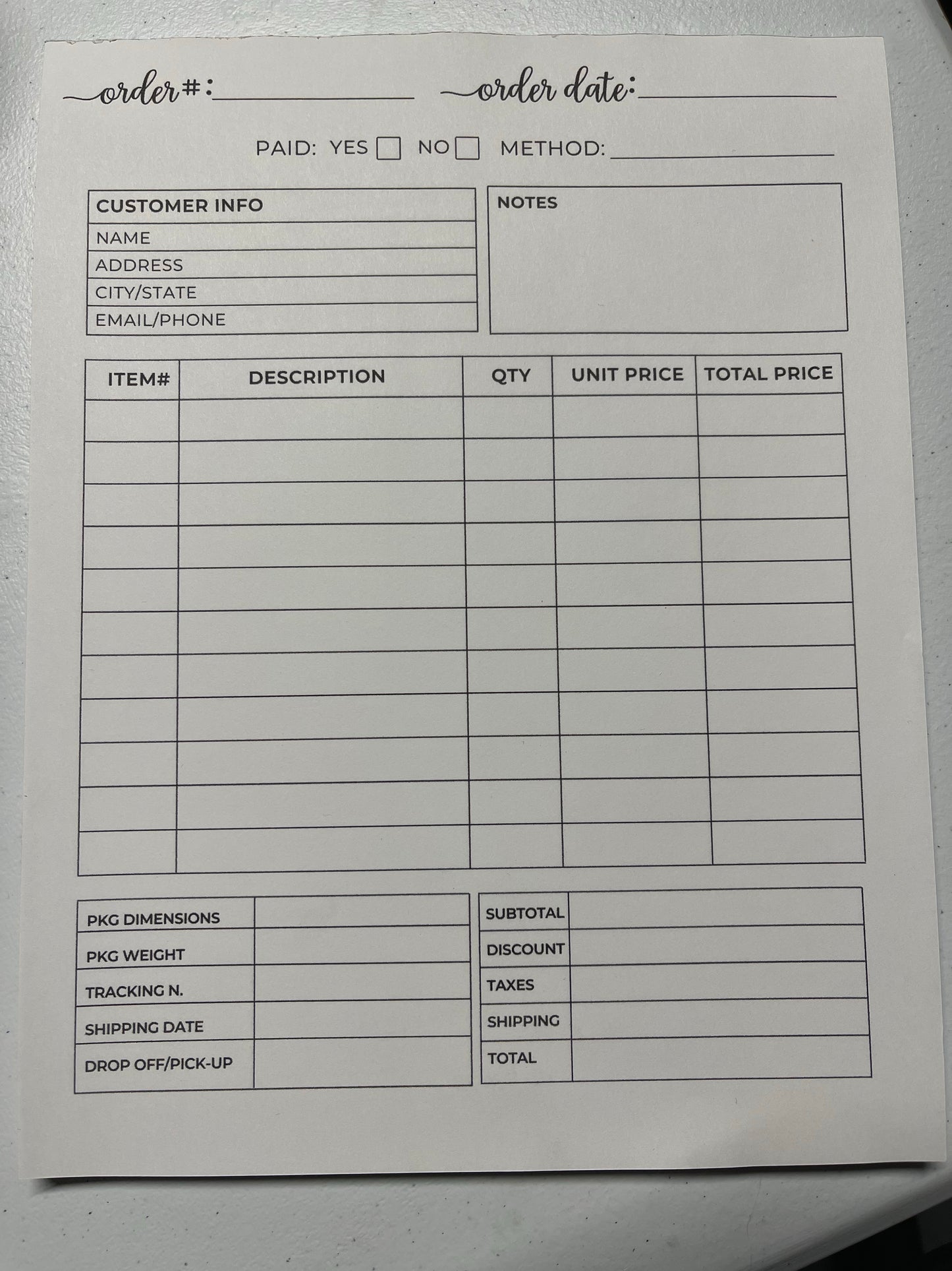 Order Form - Tear Off Full Sheet