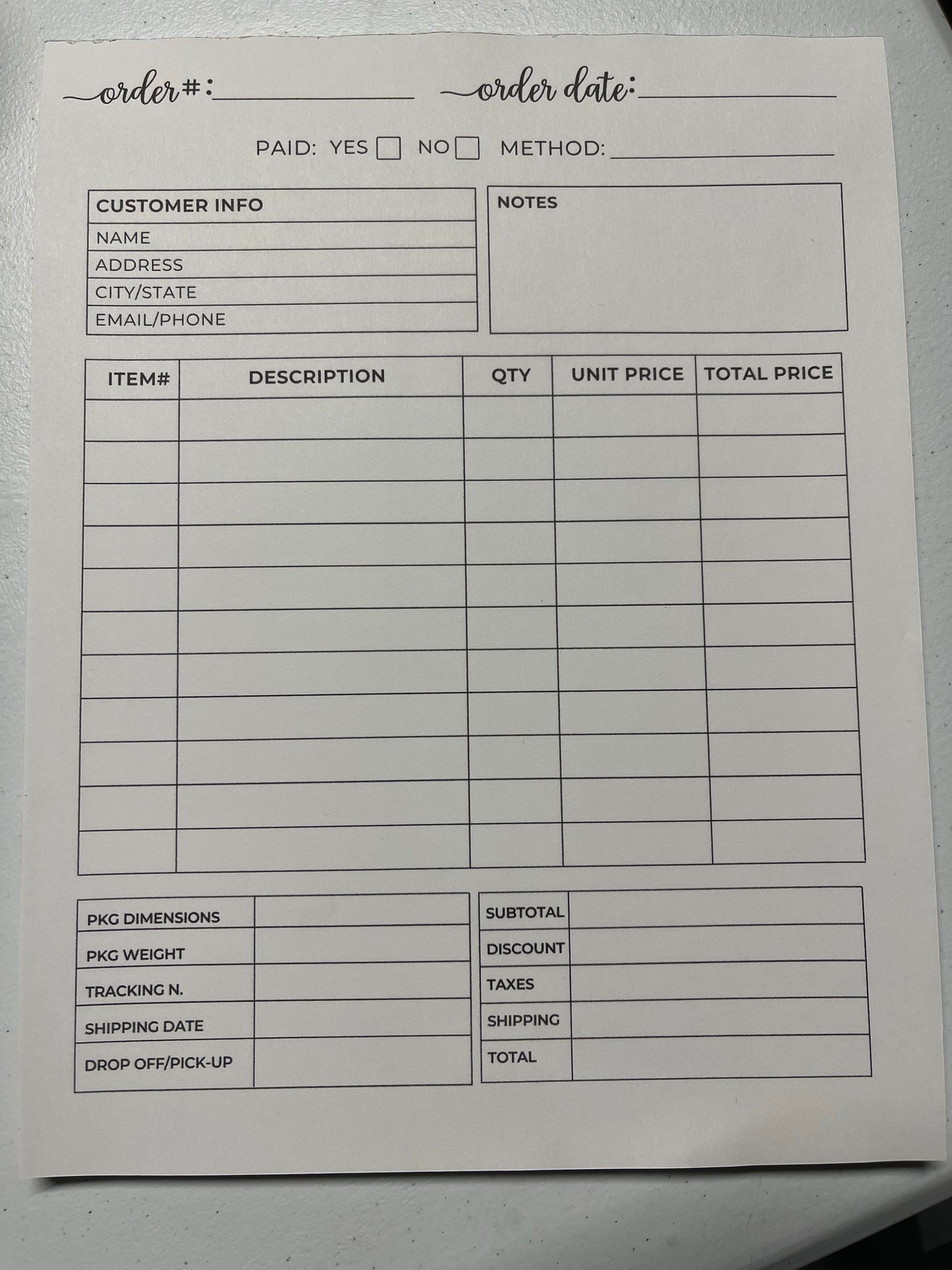 Order Form - Tear Off Full Sheet